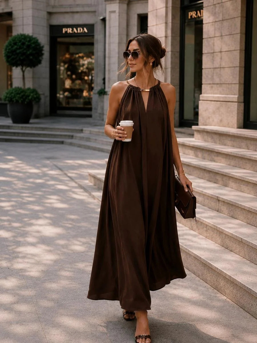 Kahverengi halter yaka zara elbise