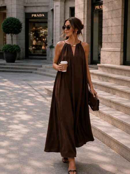 Kahverengi halter yaka zara elbise